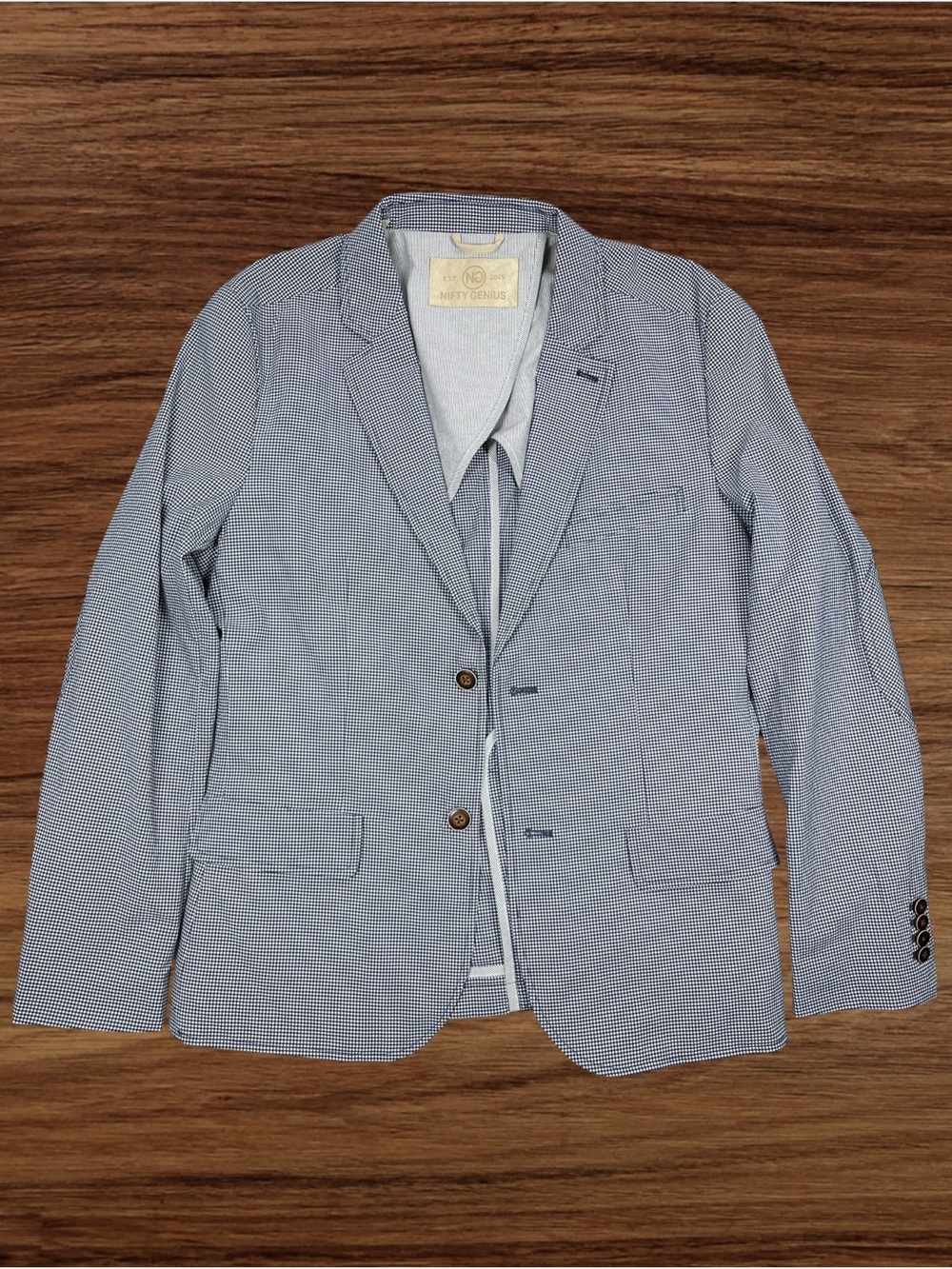 Nifty Genius Men’s Lightweight Navy Blue Micro-check Jacket. Size Small
